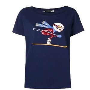 NWT Love Moschino Sequin Ski Girl T-Shirt Top Navy Size 8